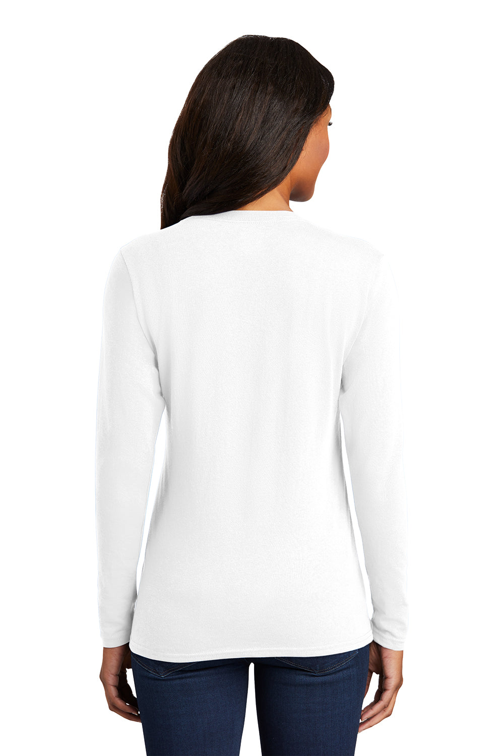 Port & Company LPC54LS Womens Core Long Sleeve Crewneck T-Shirt White Model Back