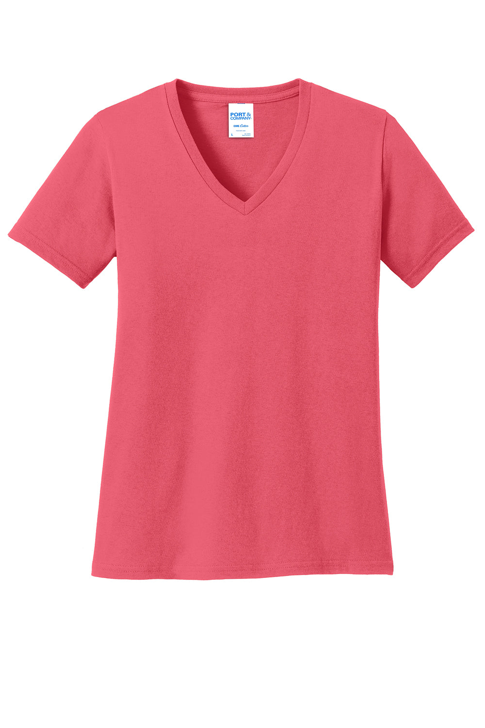 Port & Company LPC54V Womens Core Short Sleeve V-Neck T-Shirt Coral Flat Front