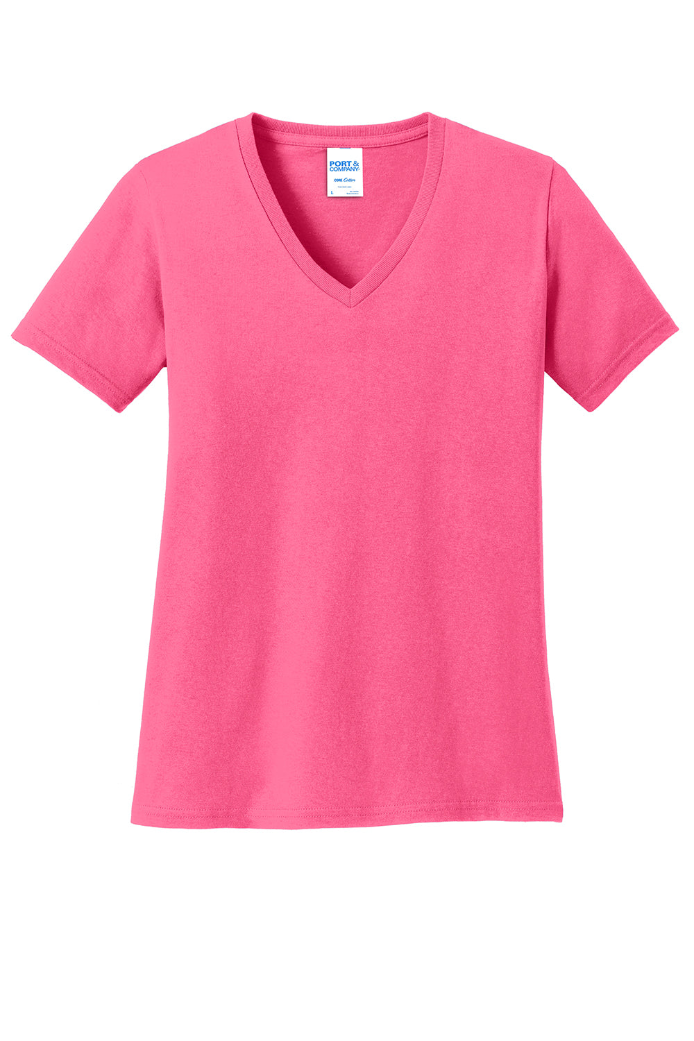 Port & Company LPC54V Womens Core Short Sleeve V-Neck T-Shirt Neon Pink Flat Front