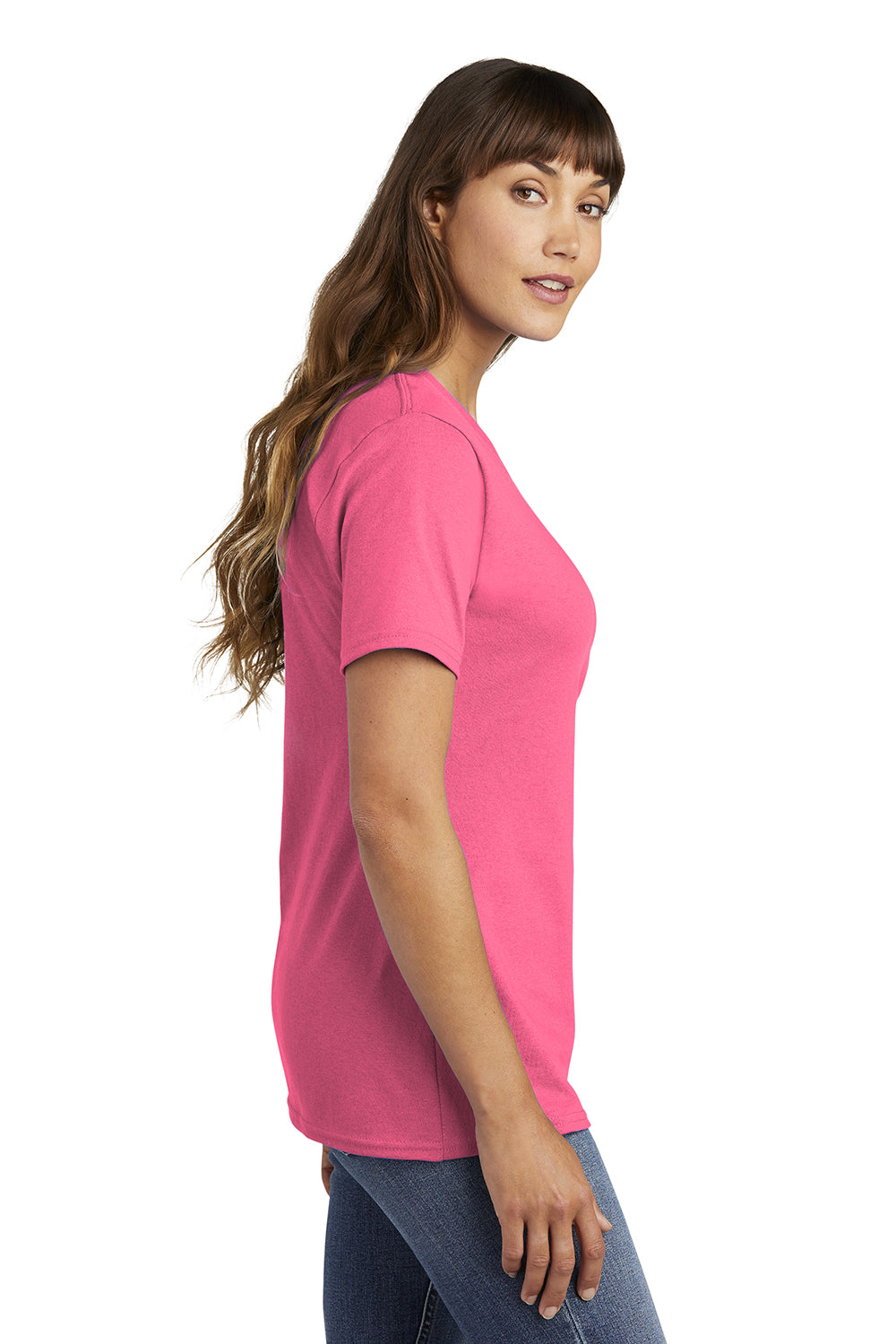 Port & Company LPC54 Womens Core Short Sleeve Crewneck T-Shirt Neon Pink Model Side