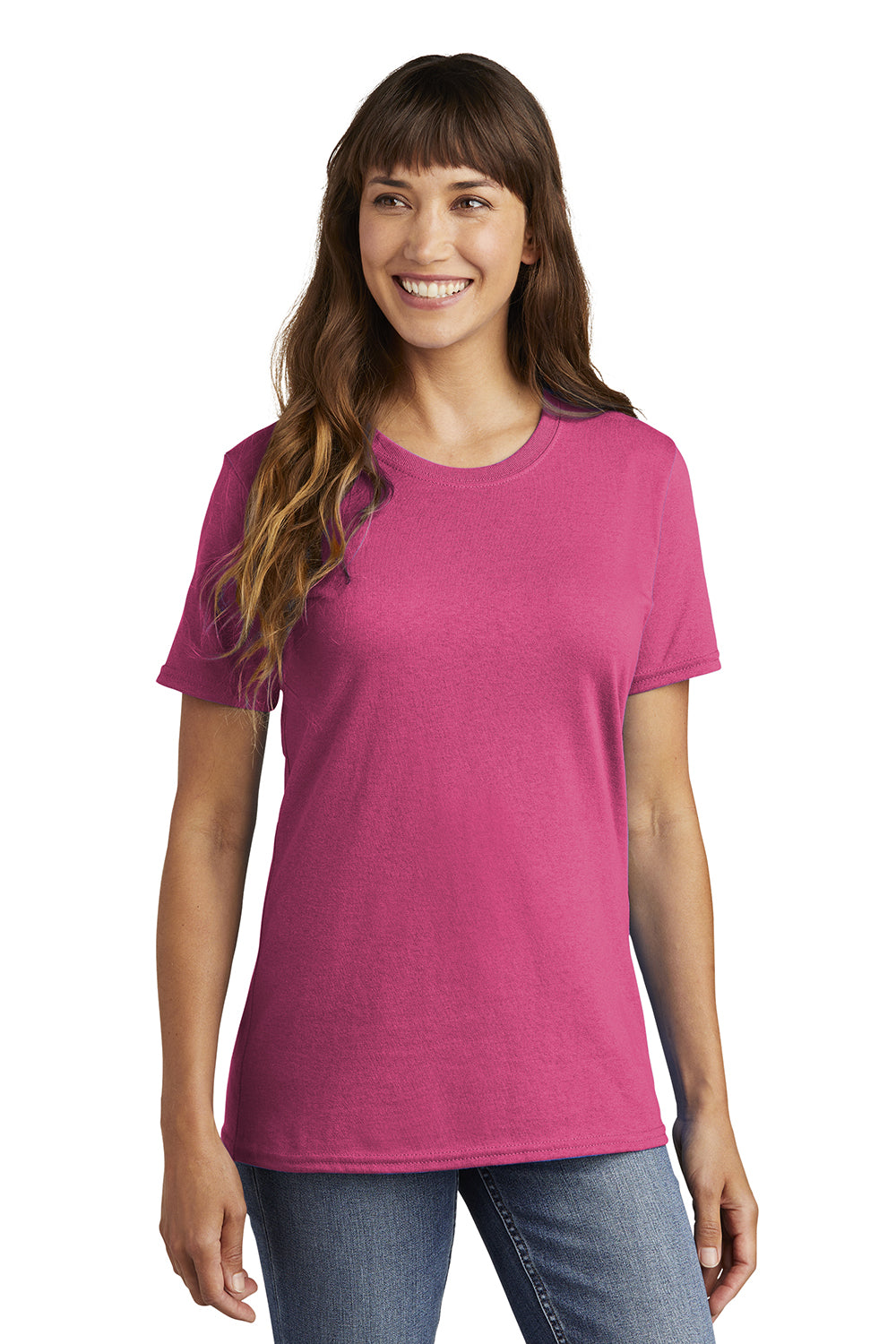 Port & Company LPC54 Womens Core Short Sleeve Crewneck T-Shirt Sangria Pink Model Front