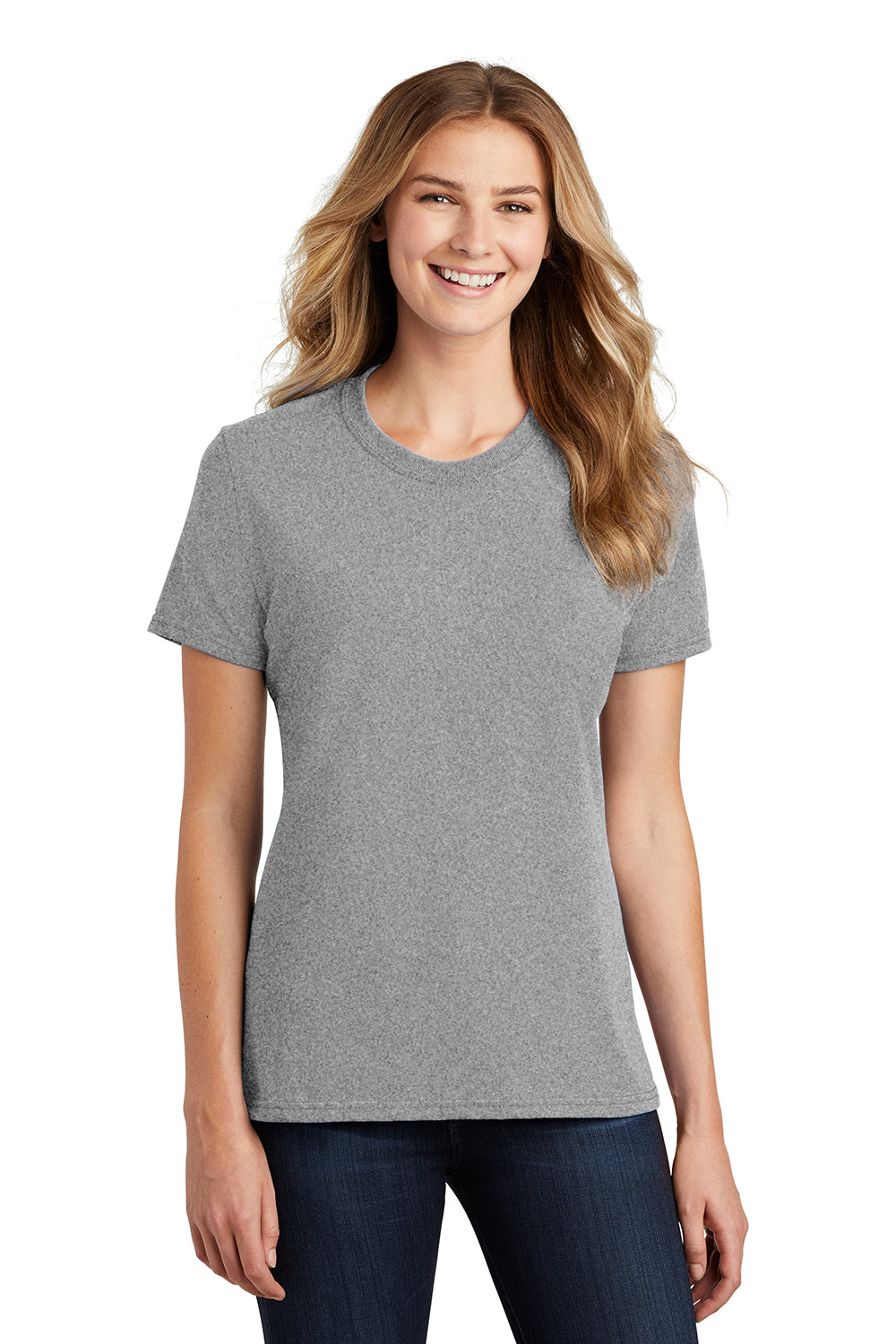 Port & Company LPC55 Womens Core Short Sleeve Crewneck T-Shirt Heather Grey Model Front