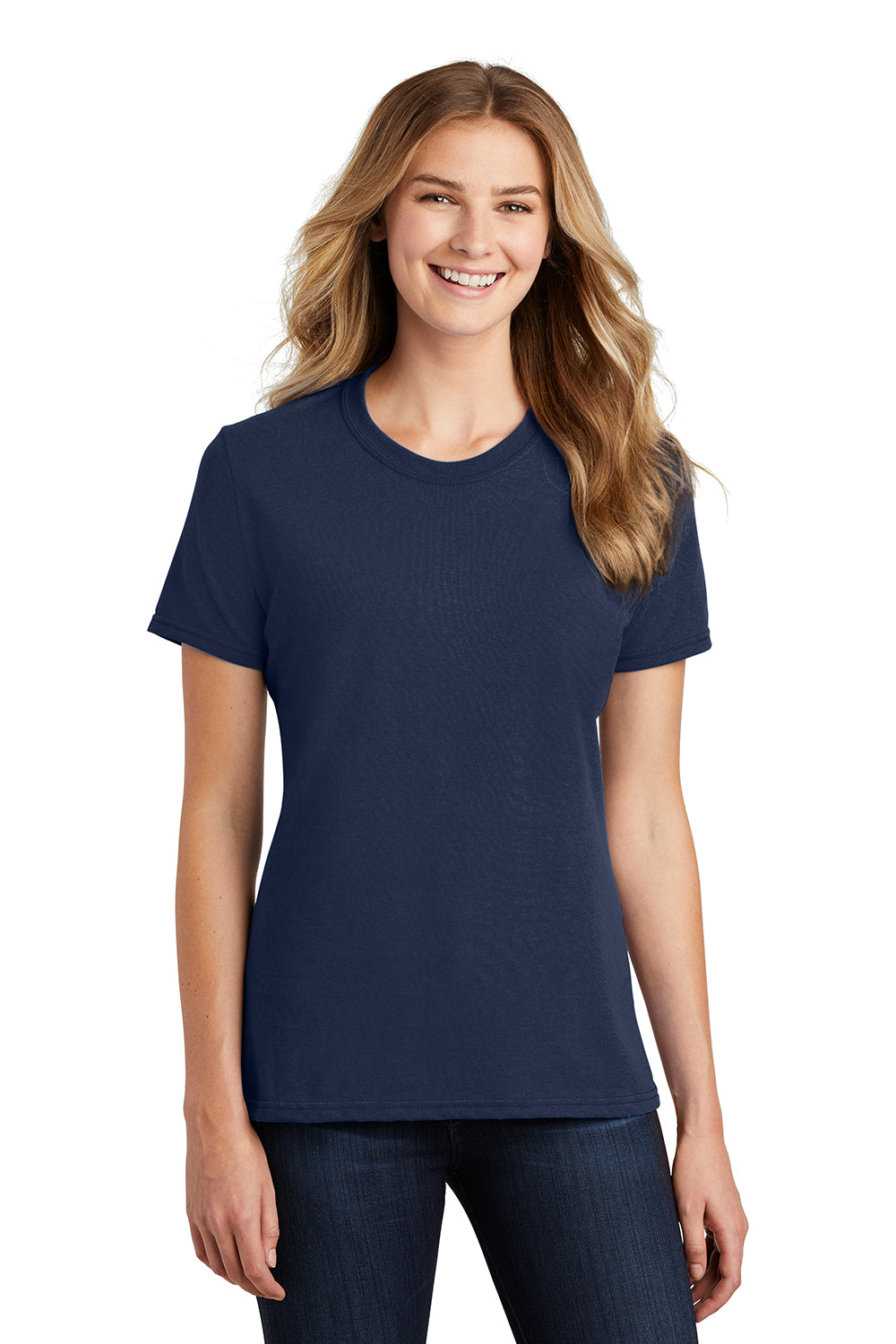 Port & Company LPC55 Womens Core Short Sleeve Crewneck T-Shirt Navy Blue Model Front