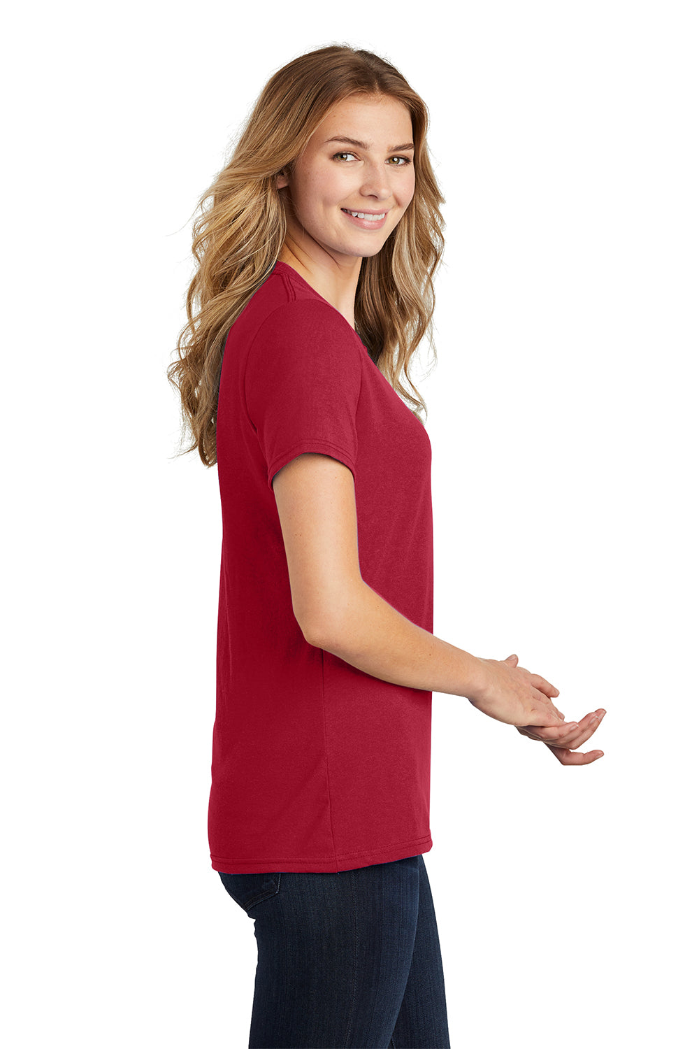 Port & Company LPC55 Womens Core Short Sleeve Crewneck T-Shirt Red Model Side