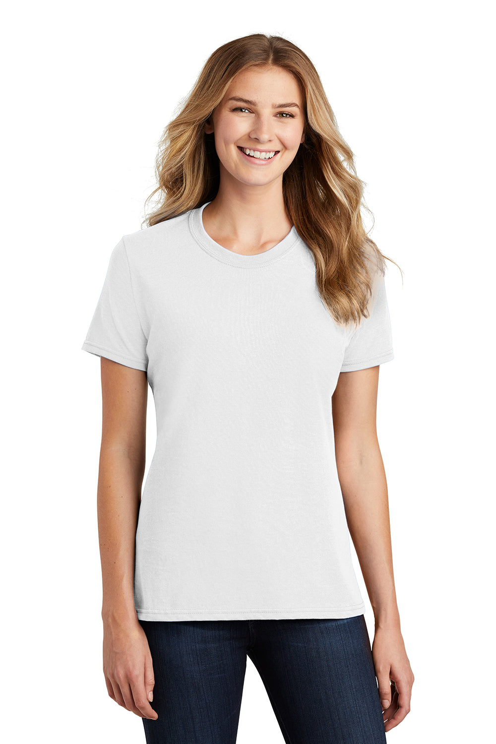 Port & Company LPC55 Womens Core Short Sleeve Crewneck T-Shirt White Model Front