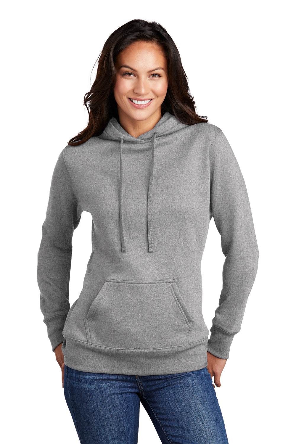 Port & Company LPC78H Womens Core Fleece Hooded Sweatshirt Hoodie Heather Grey Model Front