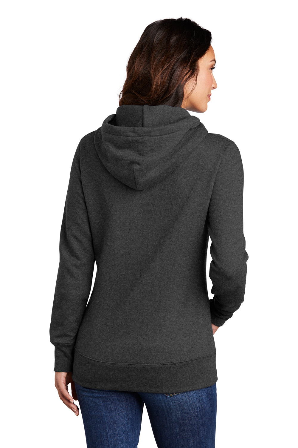 Port & Company LPC78H Womens Core Fleece Hooded Sweatshirt Hoodie Heather Dark Grey Model Back