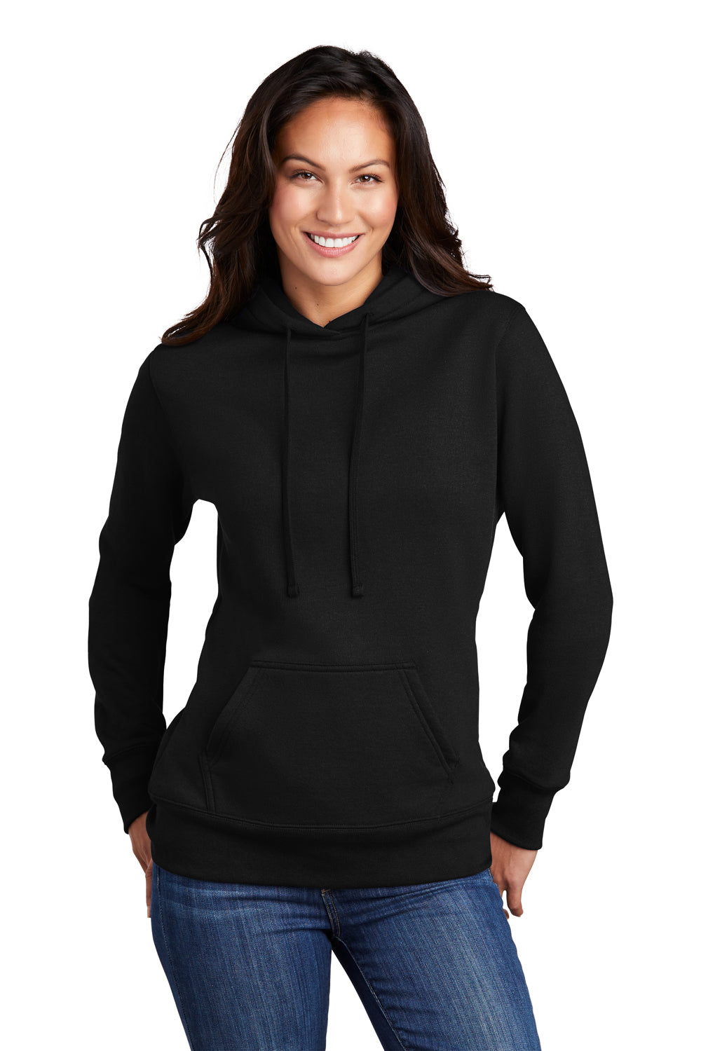 Port & Company LPC78H Womens Core Fleece Hooded Sweatshirt Hoodie Jet Black Model Front