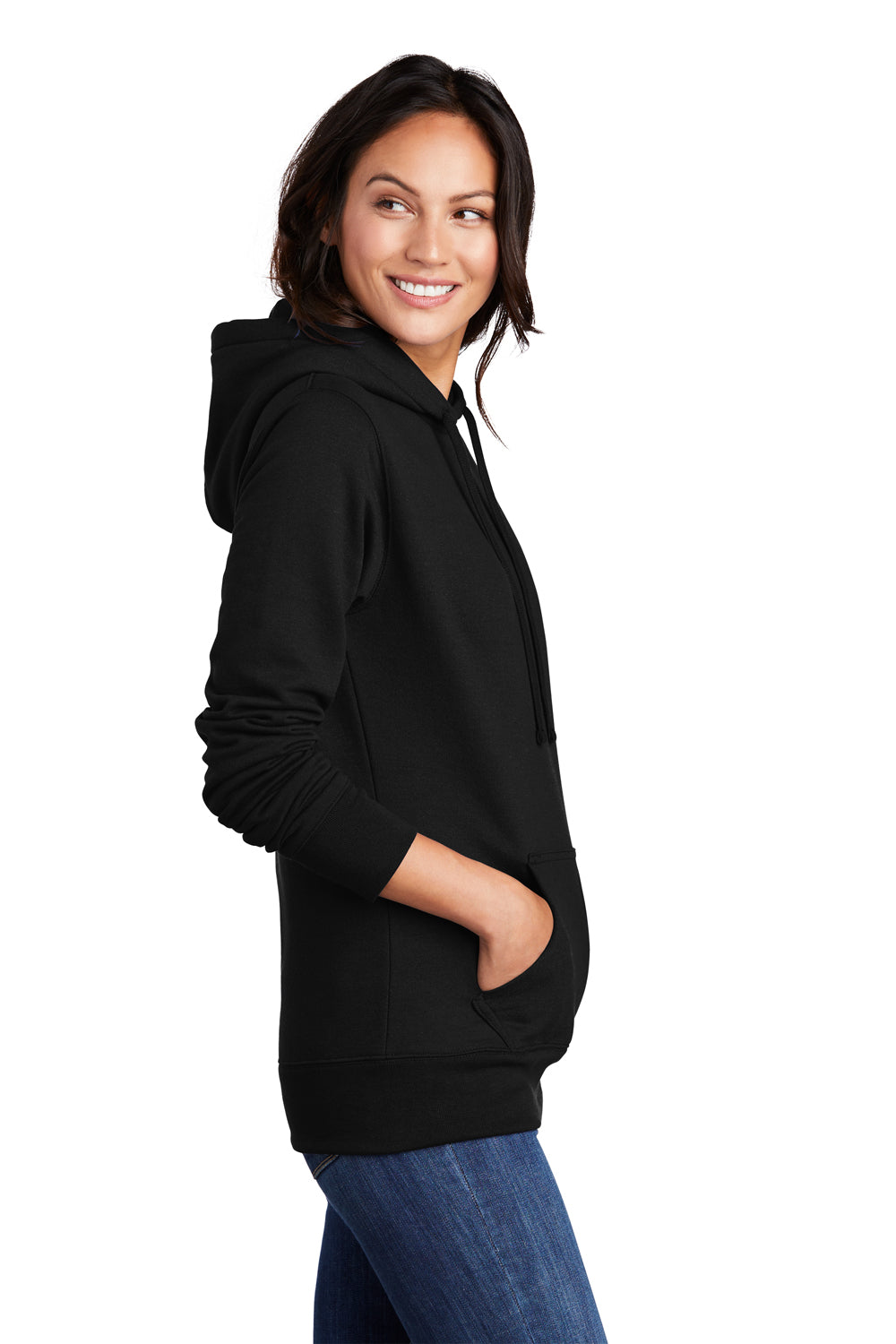 Port & Company LPC78H Womens Core Fleece Hooded Sweatshirt Hoodie Jet Black Model Side