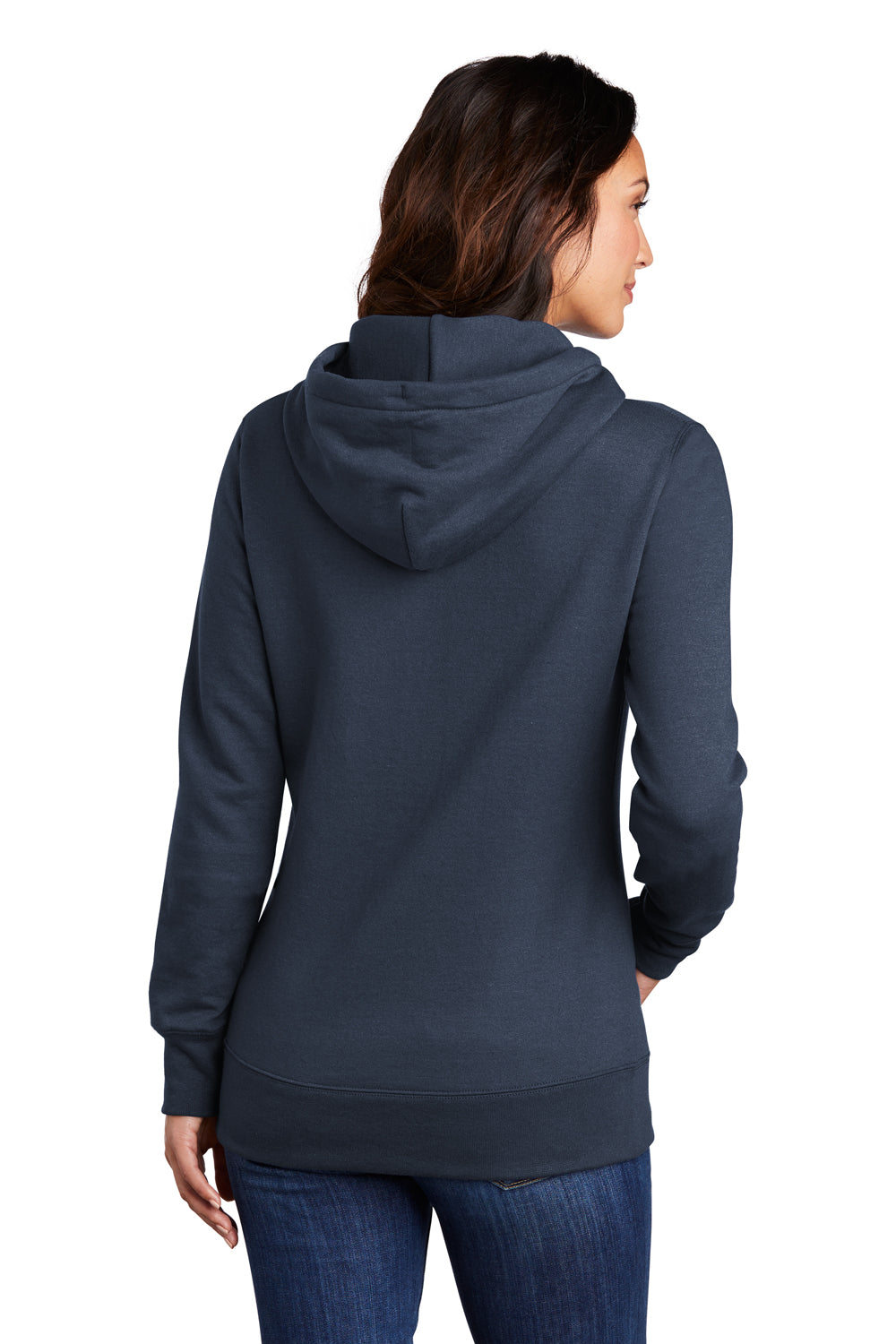 Port & Company LPC78H Womens Core Fleece Hooded Sweatshirt Hoodie Navy Blue Model Back