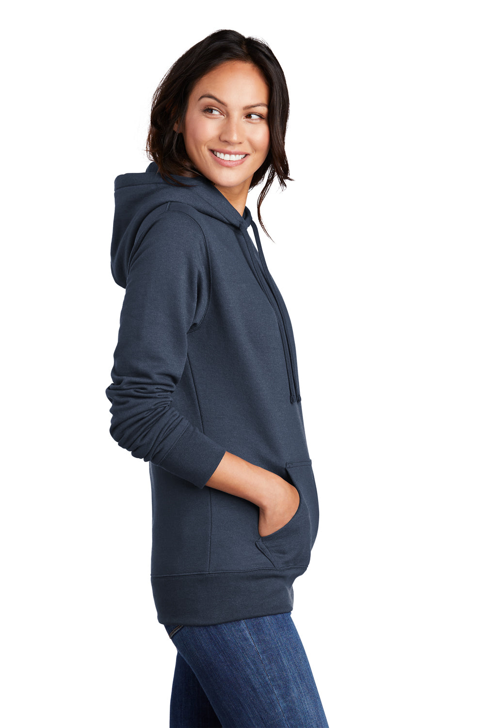 Port & Company LPC78H Womens Core Fleece Hooded Sweatshirt Hoodie Navy Blue Model Side