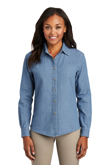 Port & Company LSP10 Womens Denim Long Sleeve Button Down Shirt Faded Blue Model Front