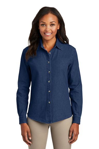 Port & Company LSP10 Womens Denim Long Sleeve Button Down Shirt Ink Blue Model Front