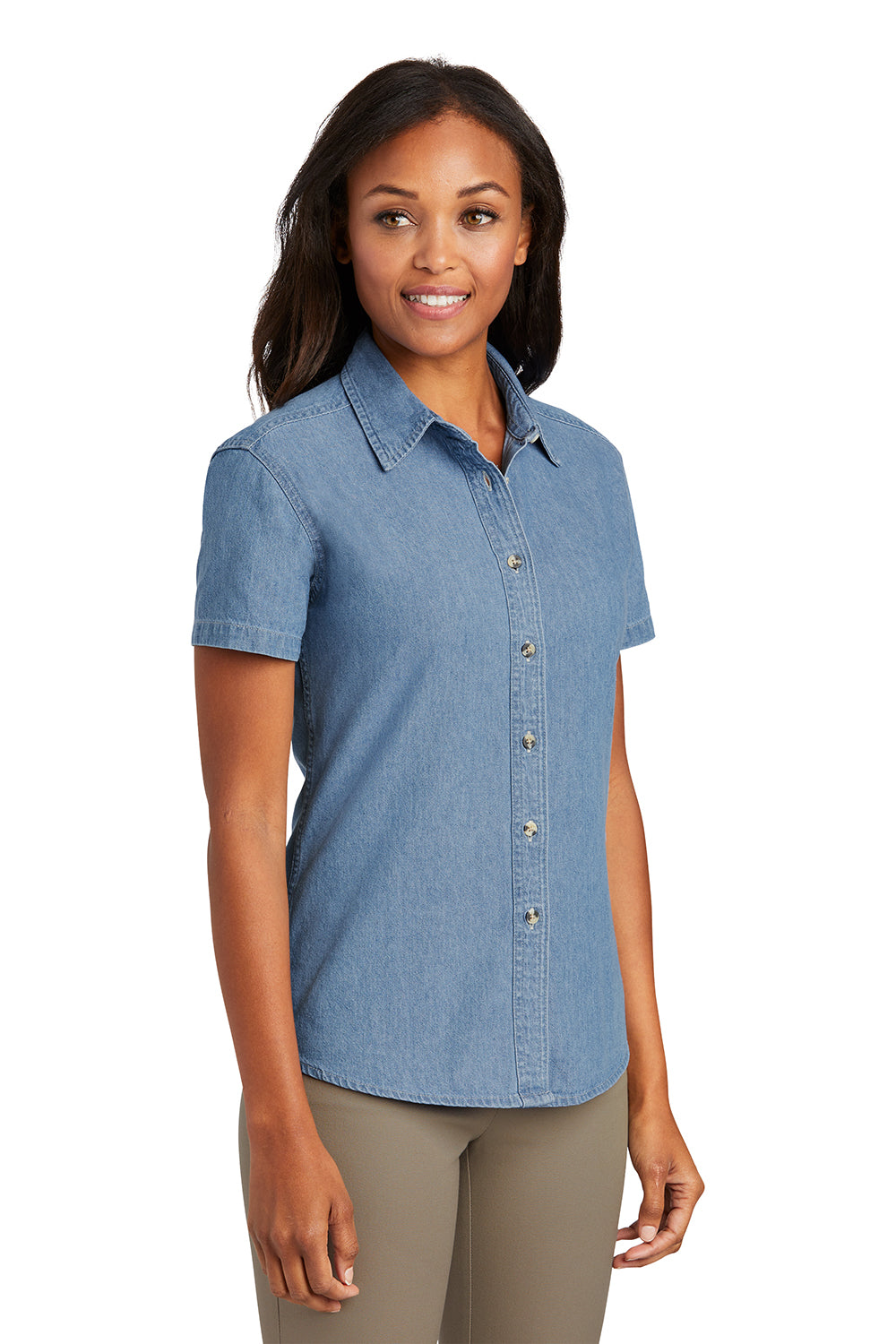 Port & Company LSP11 Womens Denim Short Sleeve Button Down Shirt Faded Blue Model 3q