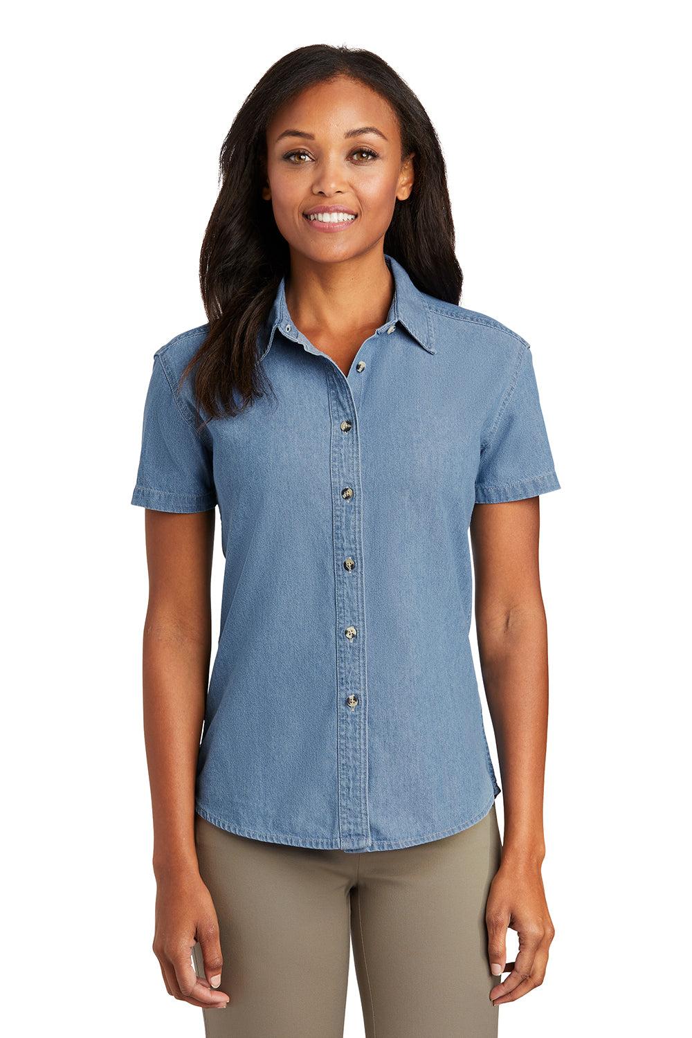 Port & Company LSP11 Womens Denim Short Sleeve Button Down Shirt Faded Blue Model Front