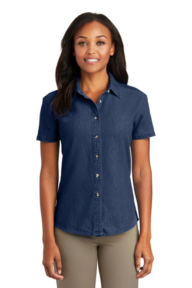 Port & Company LSP11 Womens Denim Short Sleeve Button Down Shirt Ink Blue Model Front