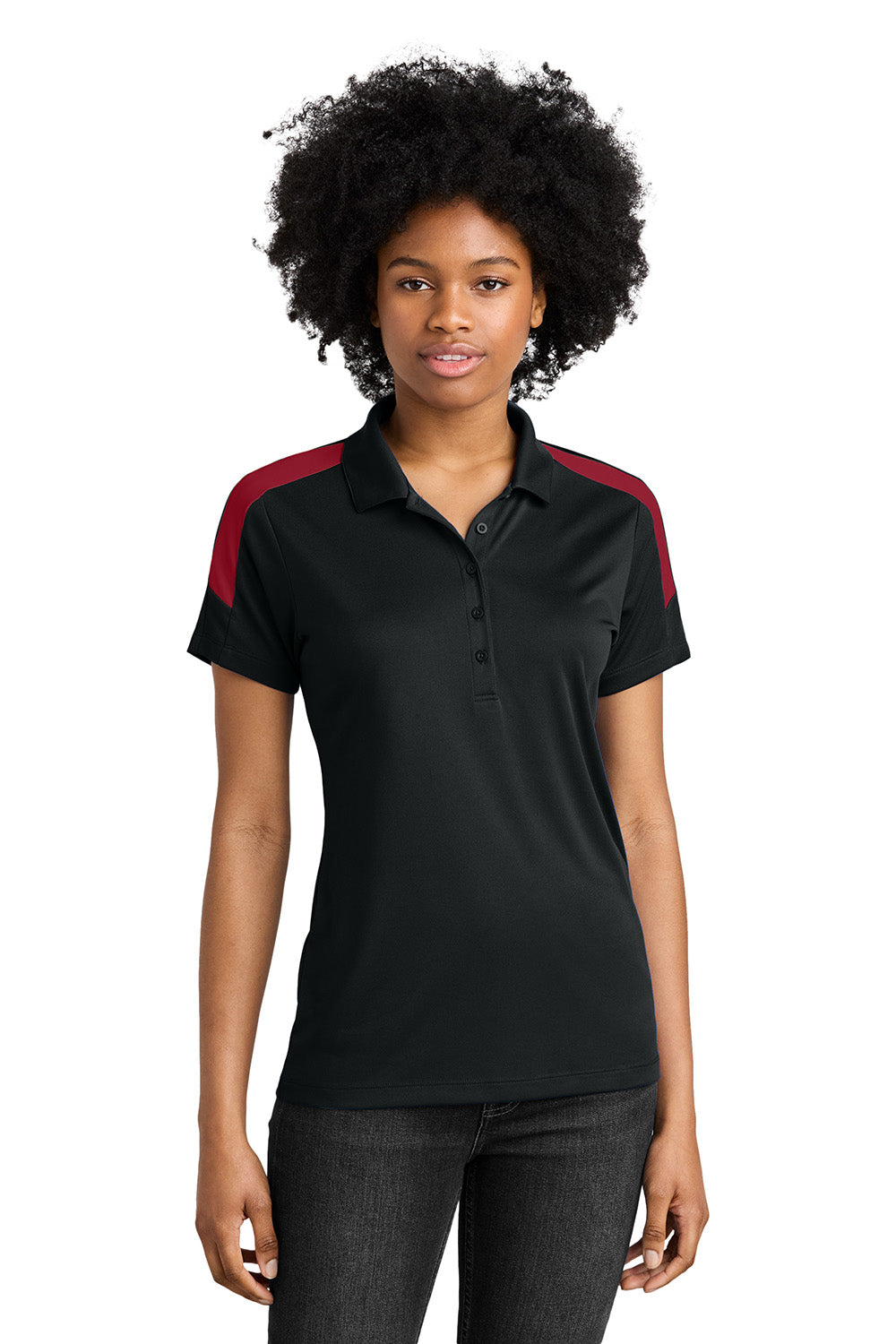 Sport-Tek LST104 Womens Competitor United Short Sleeve Polo Shirt Black/Deep Red Model Front