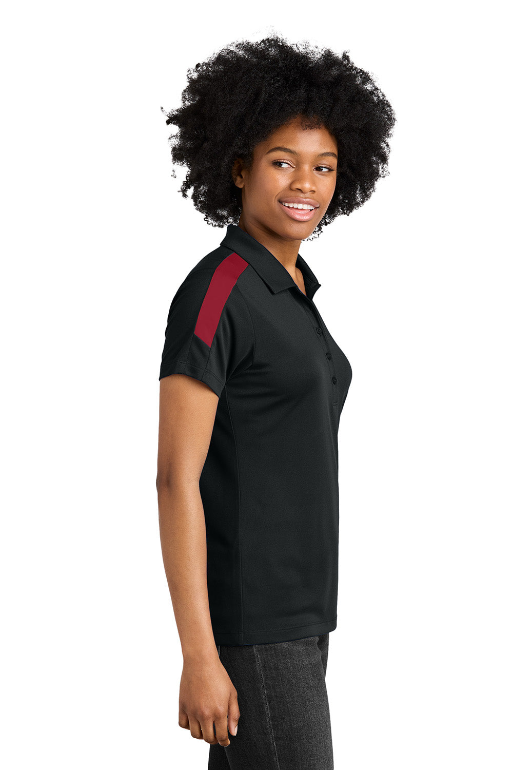 Sport-Tek LST104 Womens Competitor United Short Sleeve Polo Shirt Black/Deep Red Model Side