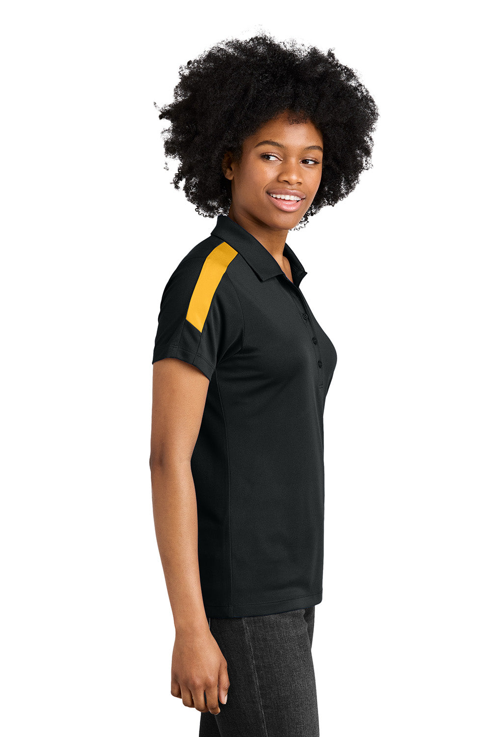 Sport-Tek LST104 Womens Competitor United Short Sleeve Polo Shirt Black/Gold Model Side