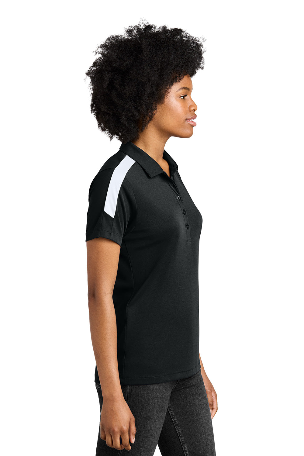 Sport-Tek LST104 Womens Competitor United Short Sleeve Polo Shirt Black/White Model Side