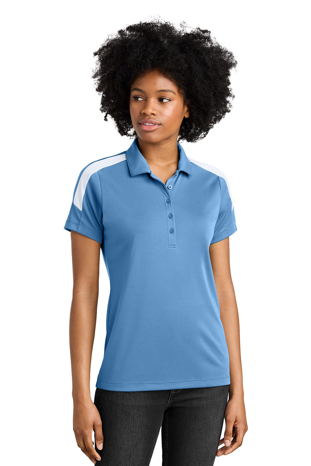 Sport-Tek LST104 Womens Competitor United Short Sleeve Polo Shirt Carolina Blue/White Model Front