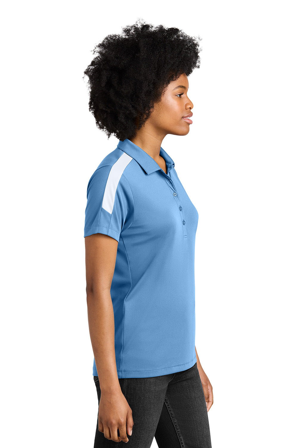 Sport-Tek LST104 Womens Competitor United Short Sleeve Polo Shirt Carolina Blue/White Model Side