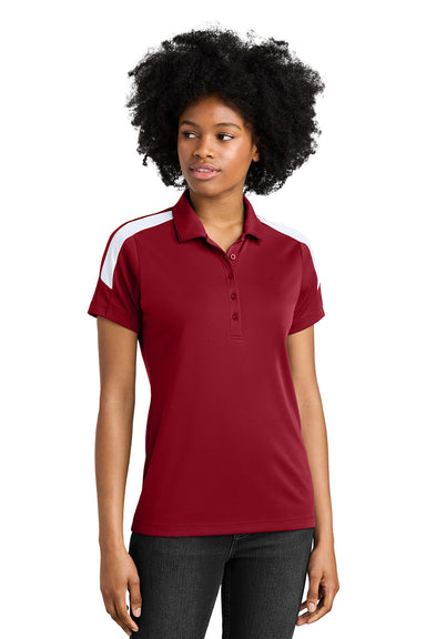 Sport-Tek LST104 Womens Competitor United Short Sleeve Polo Shirt Deep Red/White Model Front