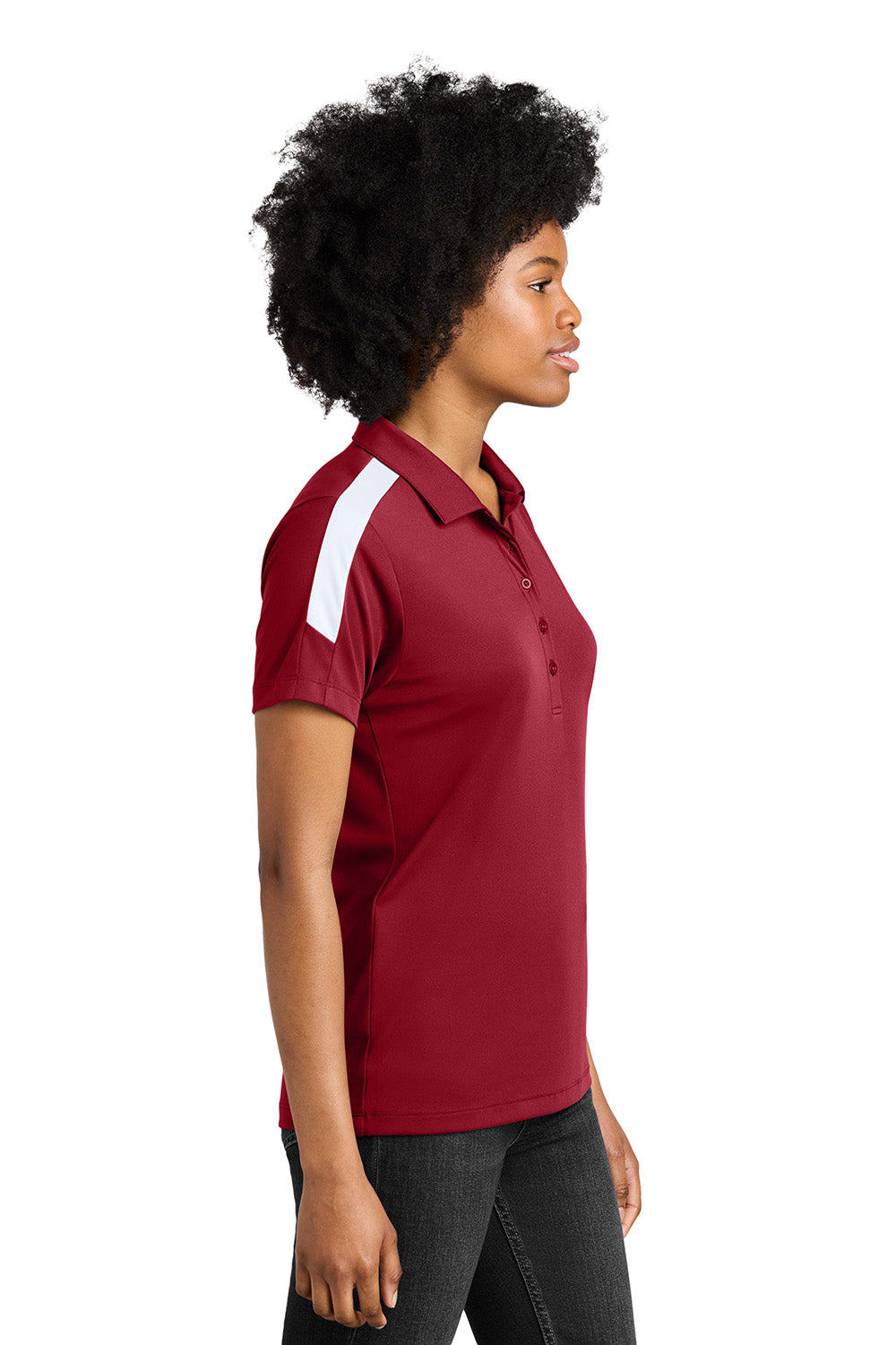 Sport-Tek LST104 Womens Competitor United Short Sleeve Polo Shirt Deep Red/White Model Side