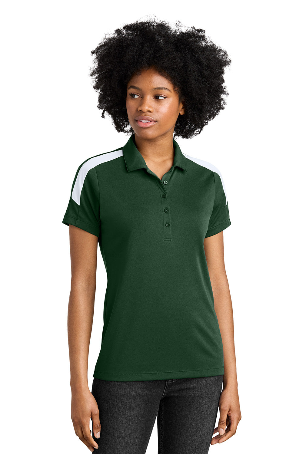 Sport-Tek LST104 Womens Competitor United Short Sleeve Polo Shirt Forest Green/White Model Front