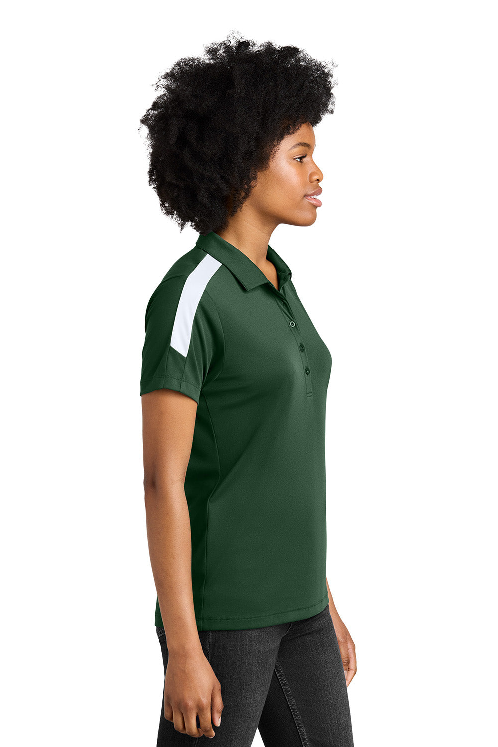 Sport-Tek LST104 Womens Competitor United Short Sleeve Polo Shirt Forest Green/White Model Side