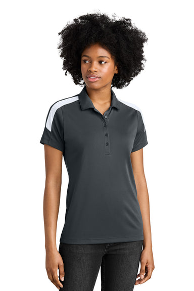 Sport-Tek LST104 Womens Competitor United Short Sleeve Polo Shirt Iron Grey/White Model Front