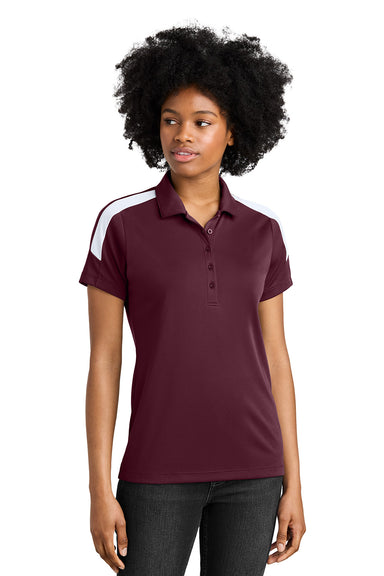 Sport-Tek LST104 Womens Competitor United Short Sleeve Polo Shirt Maroon/White Model Front