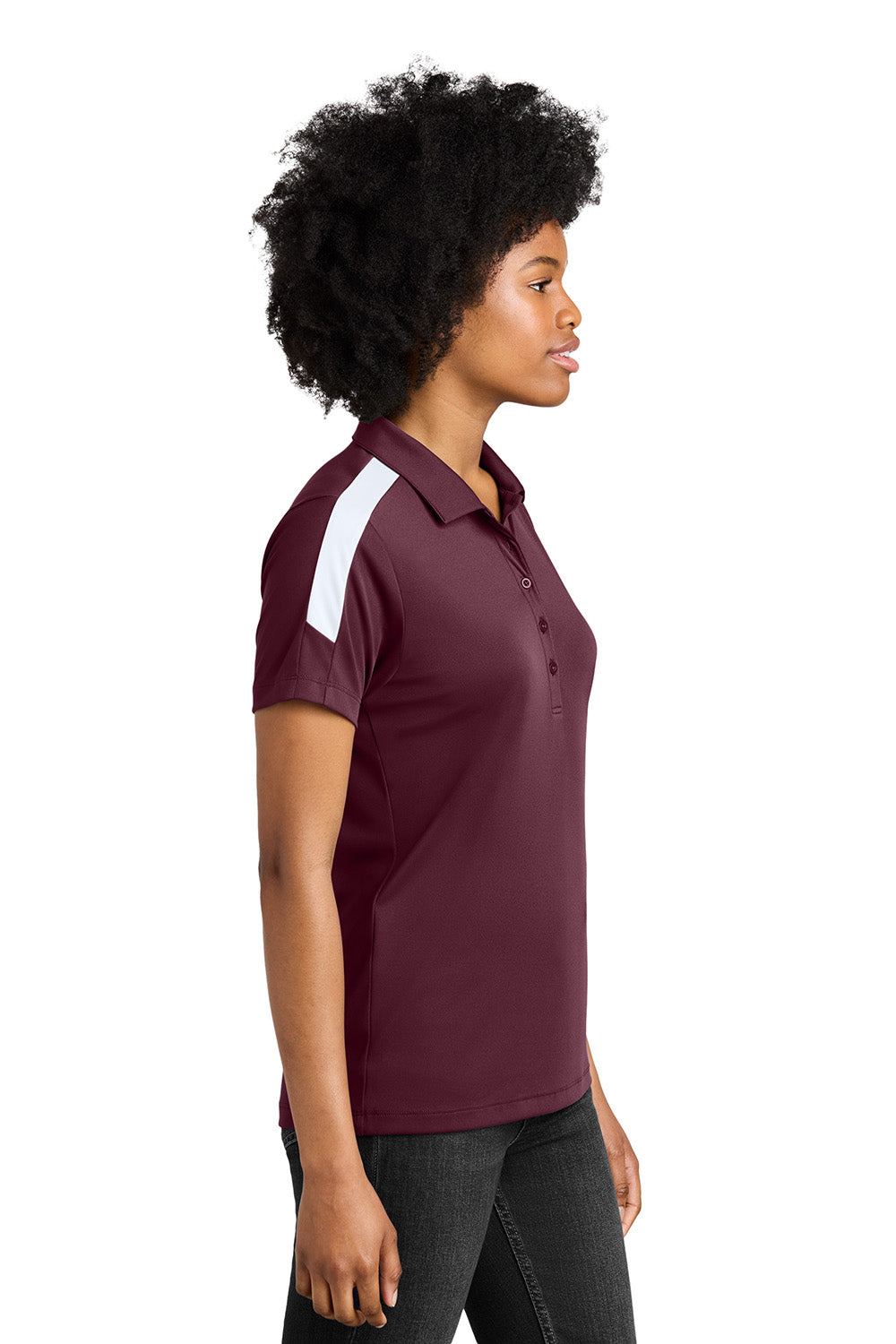 Sport-Tek LST104 Womens Competitor United Short Sleeve Polo Shirt Maroon/White Model Side