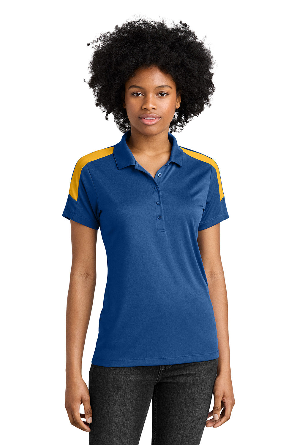 Sport-Tek LST104 Womens Competitor United Short Sleeve Polo Shirt Royal Blue/Gold Model Front