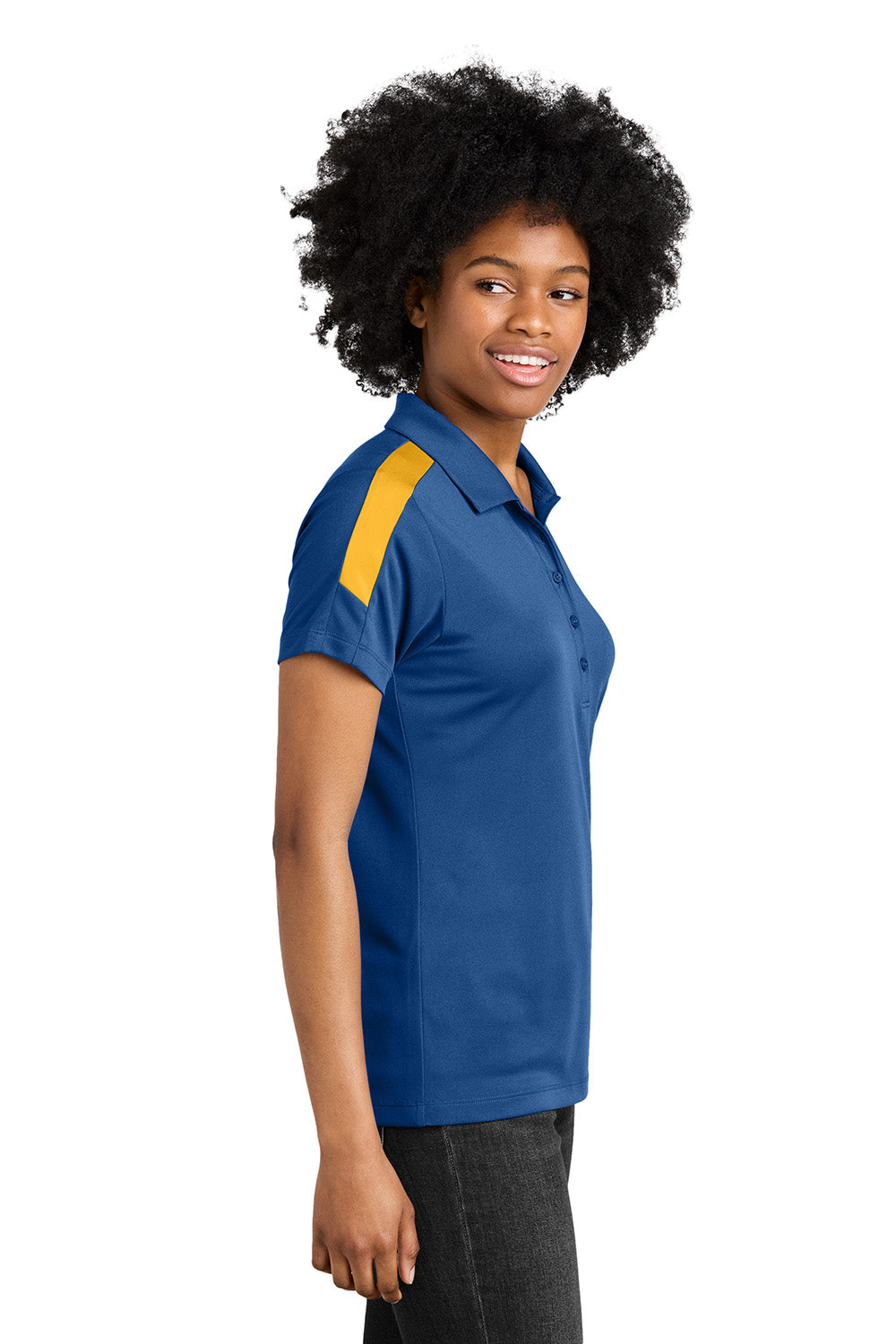 Sport-Tek LST104 Womens Competitor United Short Sleeve Polo Shirt Royal Blue/Gold Model Side