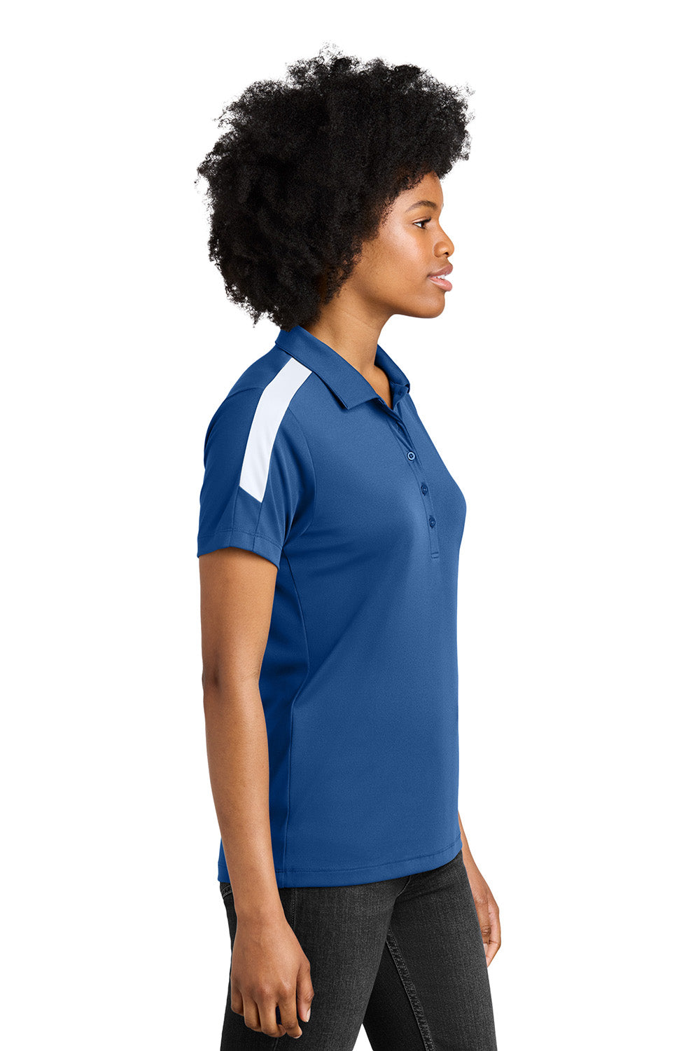 Sport-Tek LST104 Womens Competitor United Short Sleeve Polo Shirt Royal Blue/White Model Side