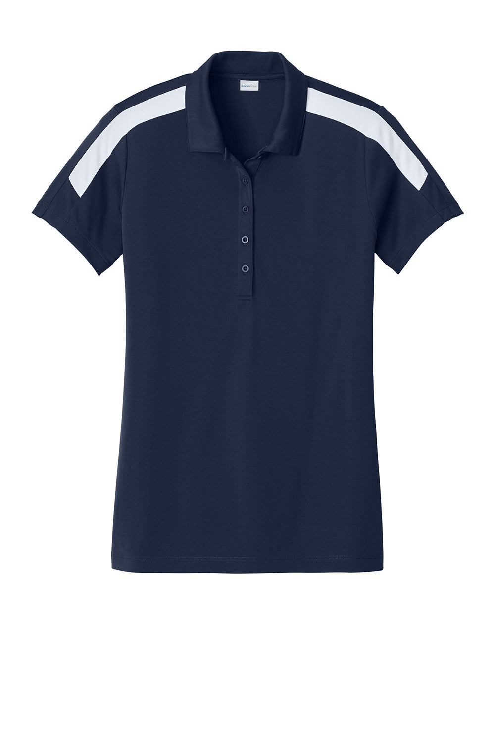 Sport-Tek LST104 Womens Competitor United Short Sleeve Polo Shirt True Navy Blue/White Flat Front