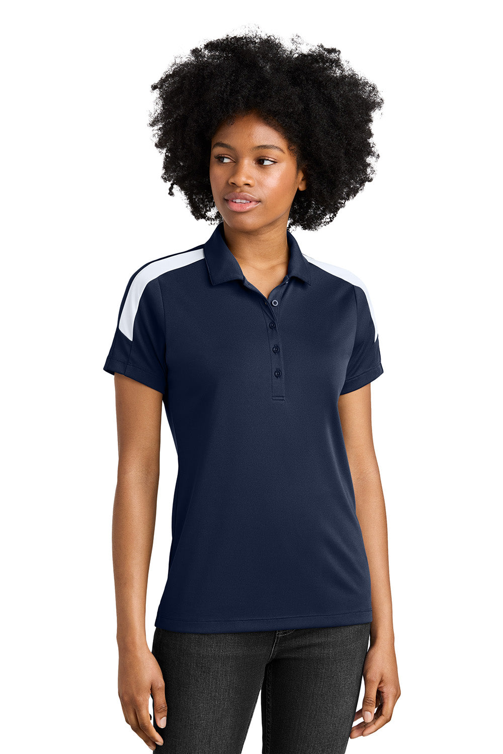 Sport-Tek LST104 Womens Competitor United Short Sleeve Polo Shirt True Navy Blue/White Model Front