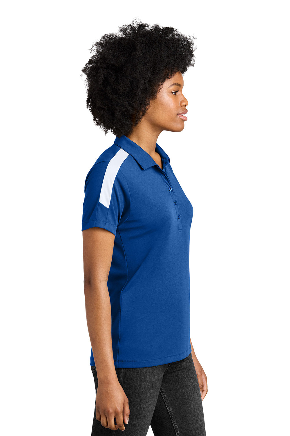 Sport-Tek LST104 Womens Competitor United Short Sleeve Polo Shirt True Royal Blue/White Model Side