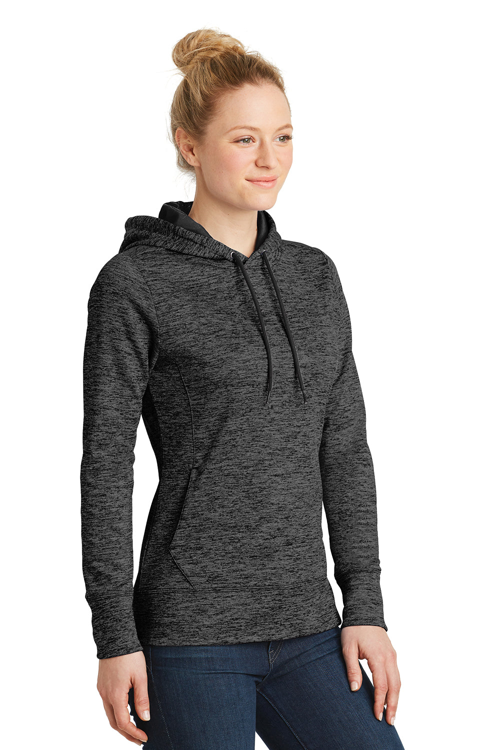 Sport-Tek LST225 Womens Electric Heather Moisture Wicking Fleece Hooded Sweatshirt Hoodie Grey Black Electric Model 3q