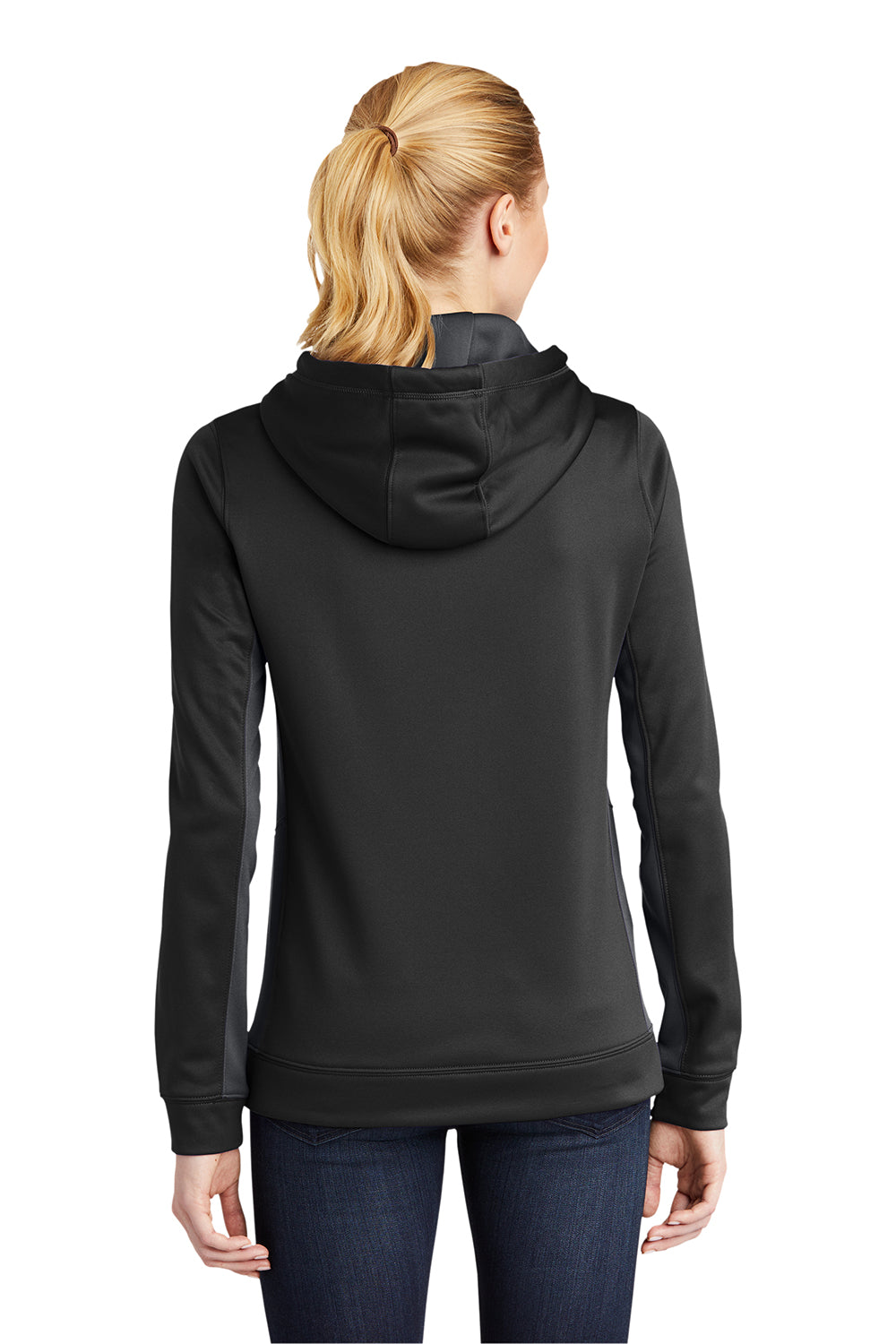 Sport-Tek LST235 Womens Sport-Wick Moisture Wicking Fleece Hooded Sweatshirt Hoodie Black/Dark Smoke Grey Model Back