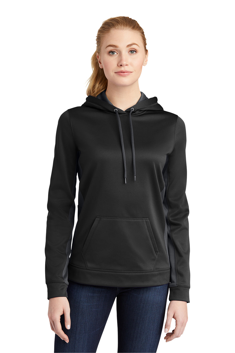 Sport-Tek LST235 Womens Sport-Wick Moisture Wicking Fleece Hooded Sweatshirt Hoodie Black/Dark Smoke Grey Model Front