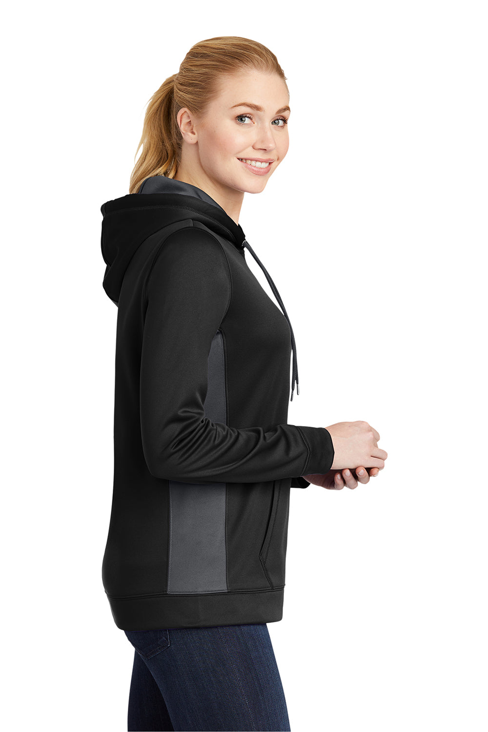 Sport-Tek LST235 Womens Sport-Wick Moisture Wicking Fleece Hooded Sweatshirt Hoodie Black/Dark Smoke Grey Model Side