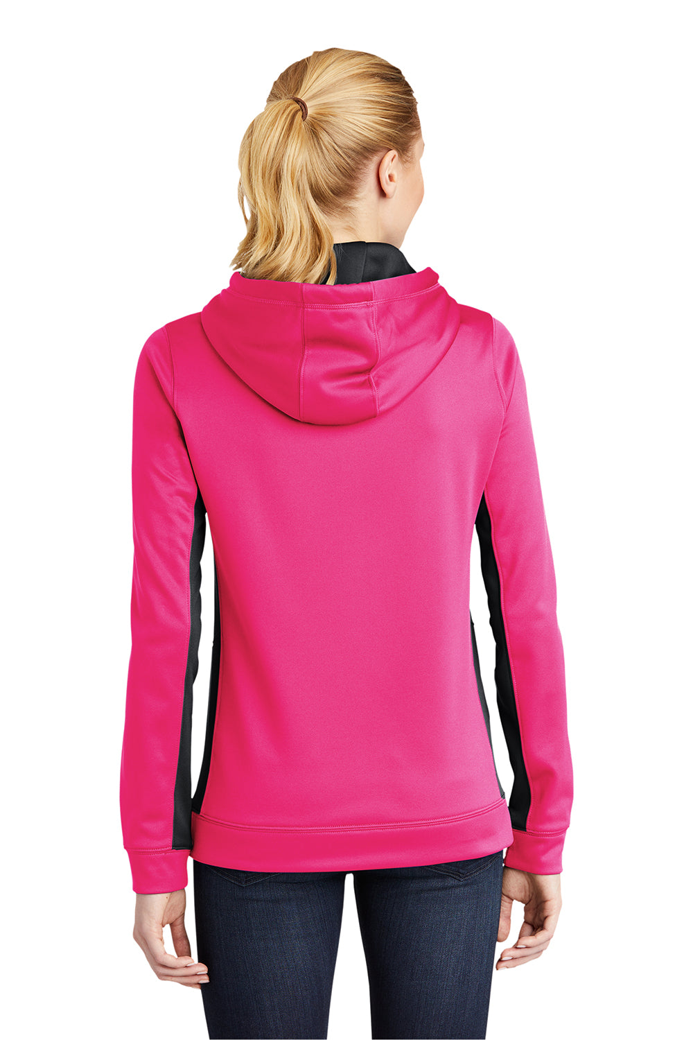 Sport-Tek LST235 Womens Sport-Wick Moisture Wicking Fleece Hooded Sweatshirt Hoodie Neon Pink/Black Model Back