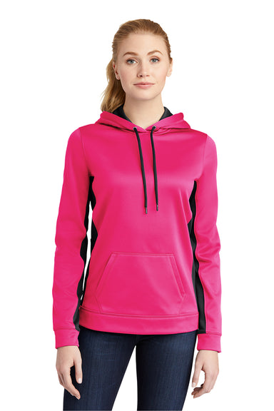 Sport-Tek LST235 Womens Sport-Wick Moisture Wicking Fleece Hooded Sweatshirt Hoodie Neon Pink/Black Model Front