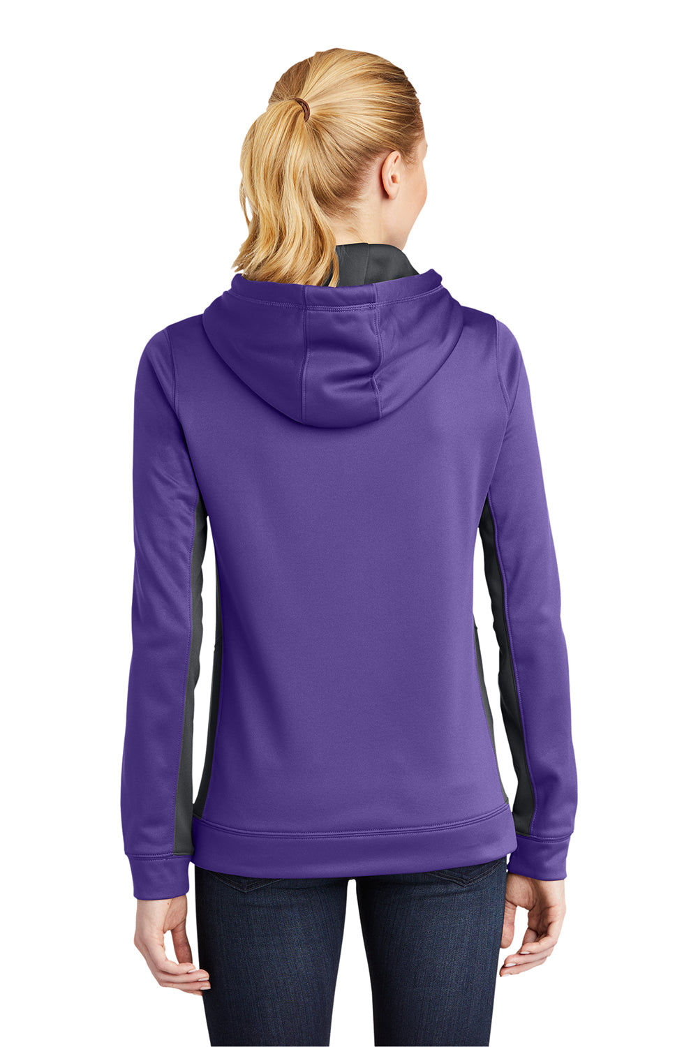 Sport-Tek LST235 Womens Sport-Wick Moisture Wicking Fleece Hooded Sweatshirt Hoodie Purple/Dark Smoke Grey Model Back