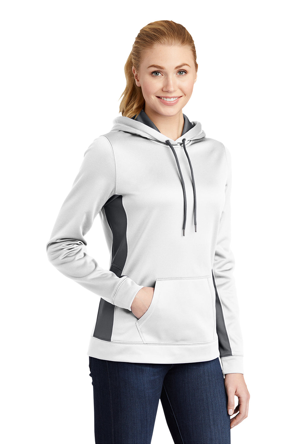 Sport-Tek LST235 Womens Sport-Wick Moisture Wicking Fleece Hooded Sweatshirt Hoodie White/Dark Smoke Grey Model 3q