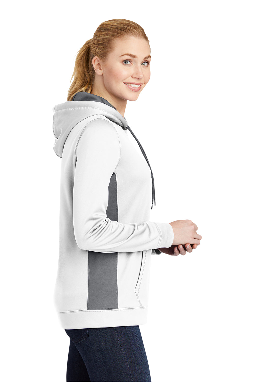 Sport-Tek LST235 Womens Sport-Wick Moisture Wicking Fleece Hooded Sweatshirt Hoodie White/Dark Smoke Grey Model Side