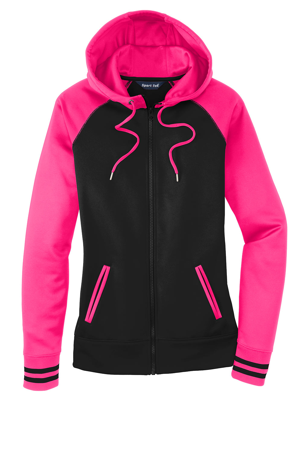 Sport-Tek LST236 Womens Sport-Wick Moisture Wicking Fleece Hooded Sweatshirt Hoodie Black/Neon Pink Flat Front