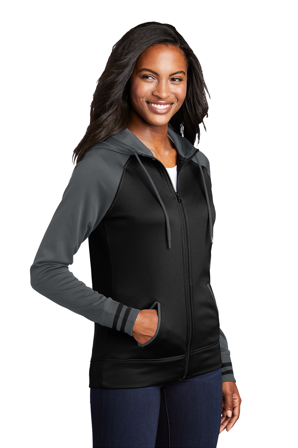 Sport-Tek LST236 Womens Sport-Wick Moisture Wicking Fleece Hooded Sweatshirt Hoodie Black/Dark Smoke Grey Model 3q